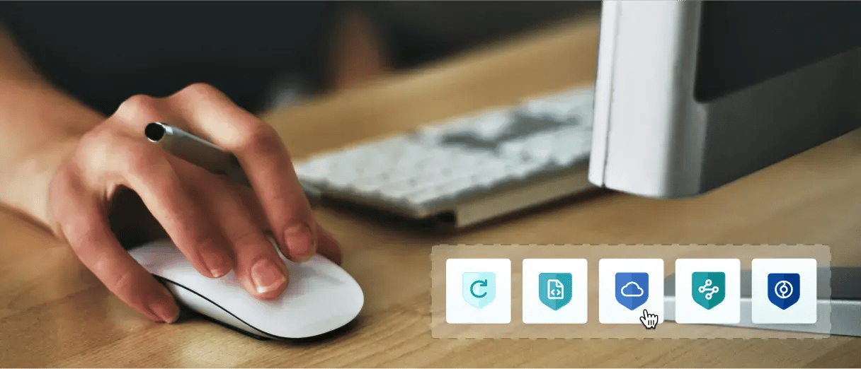 A close-up of a hand using a computer mouse, with a UI snippet in the bottom-right featuring five Code Keeper product icon boxes.