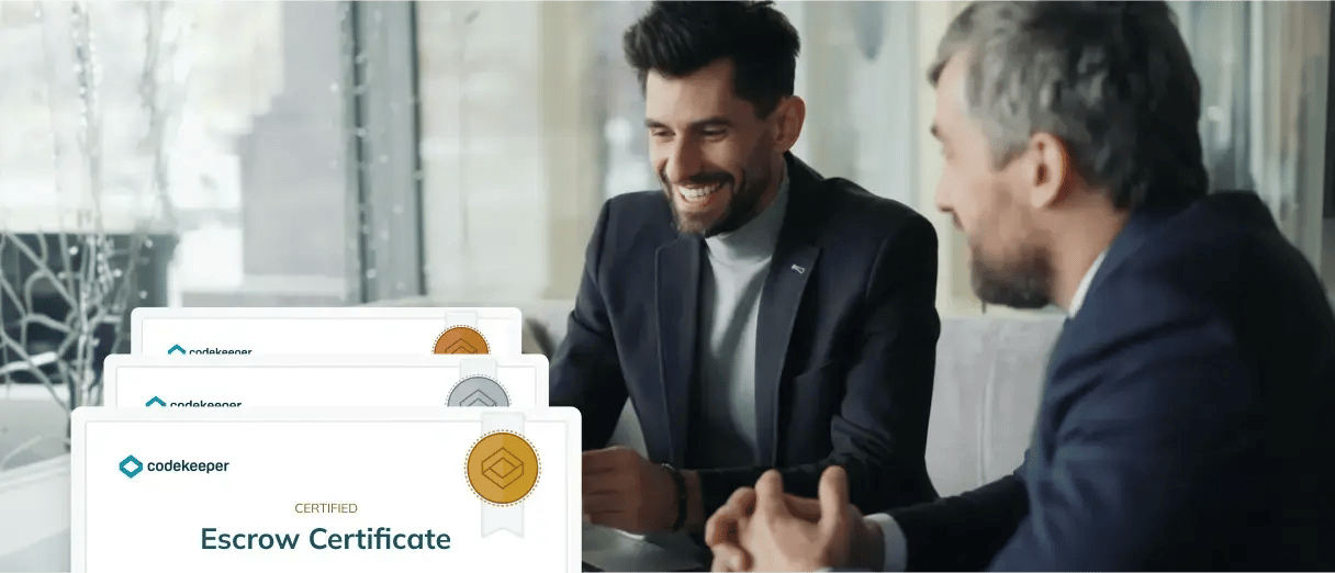 Two businessmen in a corporate setting engaged in conversation, with a 'Certified Escrow Certificate' UI snippet in the bottom-left.