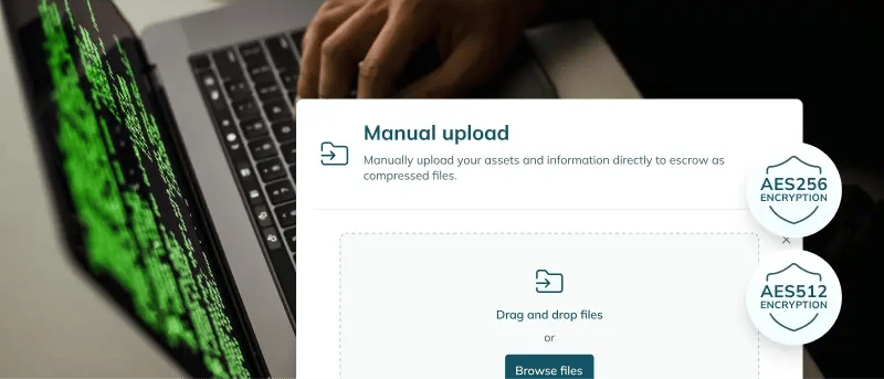 Person using a laptop with a manual upload app snippet at the lower right, showing AES-256/512 encryption badges.