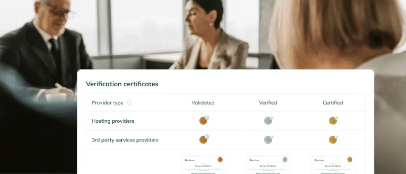 Group of people discussing with an app snippet showing verification certificates at the bottom.