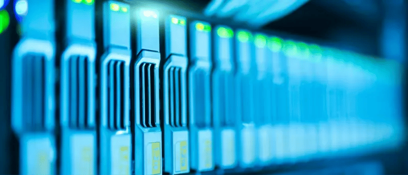 Abstract visualization of databases and server machines representing business and user data.