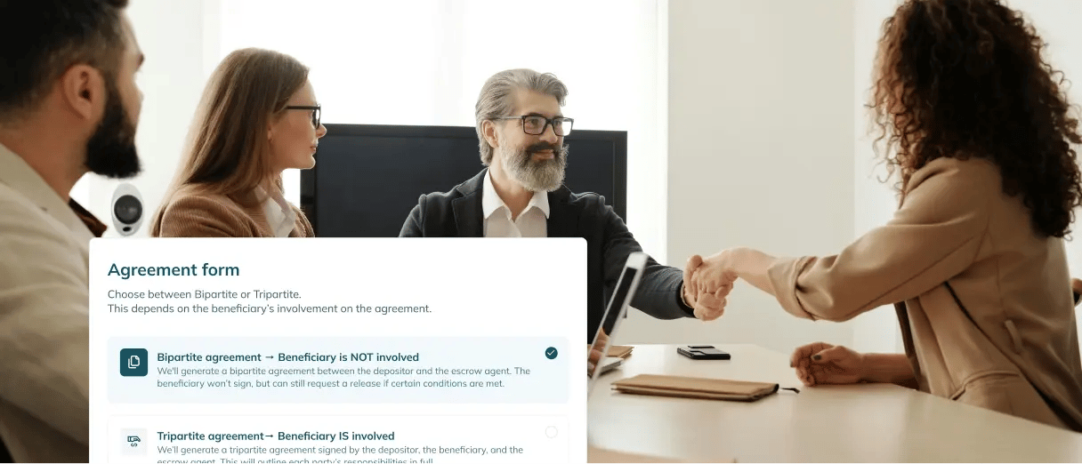 Four people in a meeting with two shaking hands and an app snippet of an agreement form below.