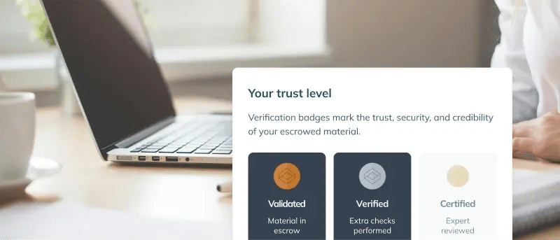 Person using a laptop with an app snippet showing the “Your trust level” screen on the right.